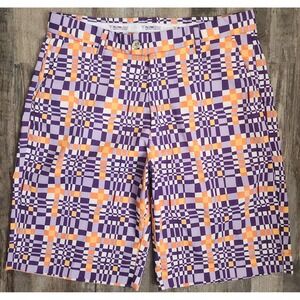 Flow Golf Shorts Mens 34 Purple Orange Psychedelic Warped Checkerboard Geometric